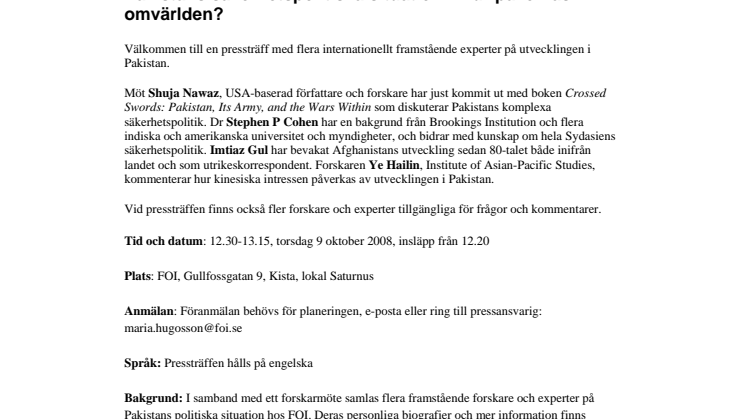 Pressinbjudan: Pakistans säkerhetspolitiska situation – hur påverkas omvärlden?