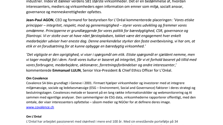 Fokus på etik: L’Oréal nr 1 i verden på Covalence EthicalQuote image index
