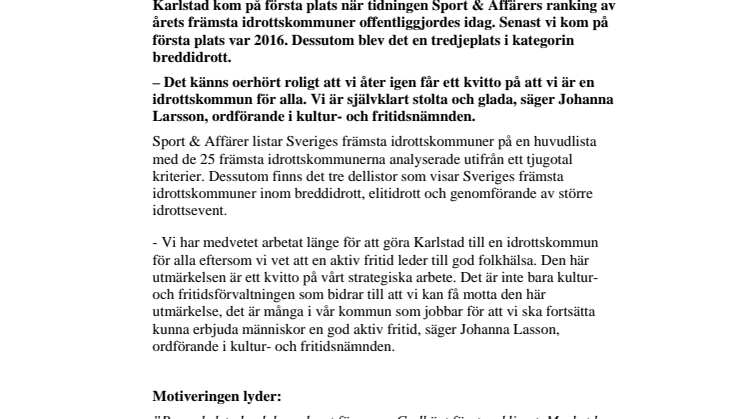 Pressmeddelande - Karlstad är årets främsta idrottskommun igen