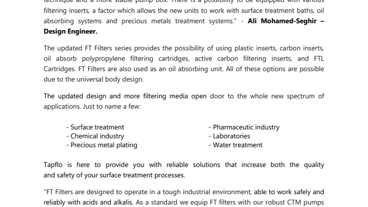 Tapflo FT Filters – New updated filter range from Tapflo