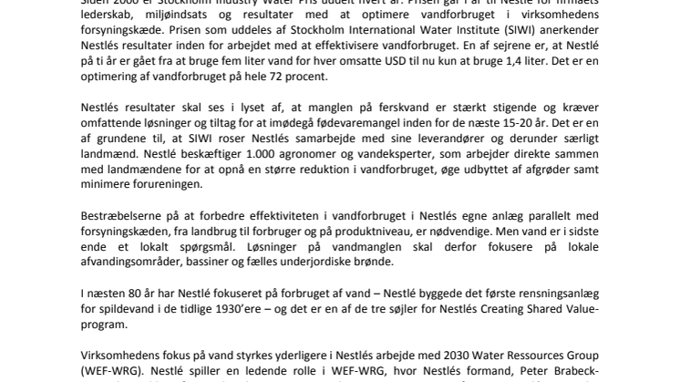 Den internationale Stockholm Industry Water Pris går til Nestlé