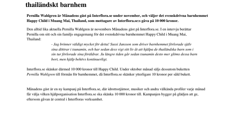 Interflora.se och Pernilla Wahlgren skänker 10 000 kronor till thailändskt barnhem 