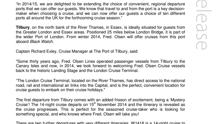 Fred. Olsen adds two new regional departure ports for 2014/15 – Avonmouth and Tilbury