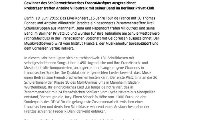 Gewinner des Schülerwettbewerbes FrancoMusiques in der Französischen Botschaft ausgezeichnet / Preisträger treffen Antoine Villoutreix mit seiner Band im Berliner Privat-Club