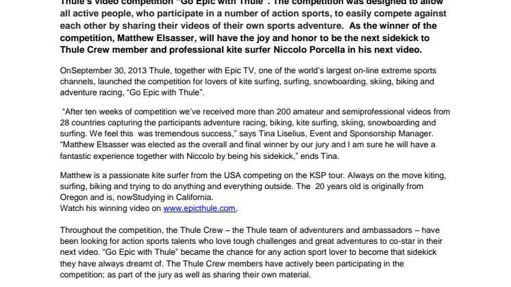 “Go Epic with Thule” Contest Winner Announced 