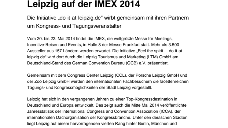 IMEX 2014: Leipzig präsentiert sich auf der weltgrößten Messe für Meetings, Incentive-Reisen und Events
