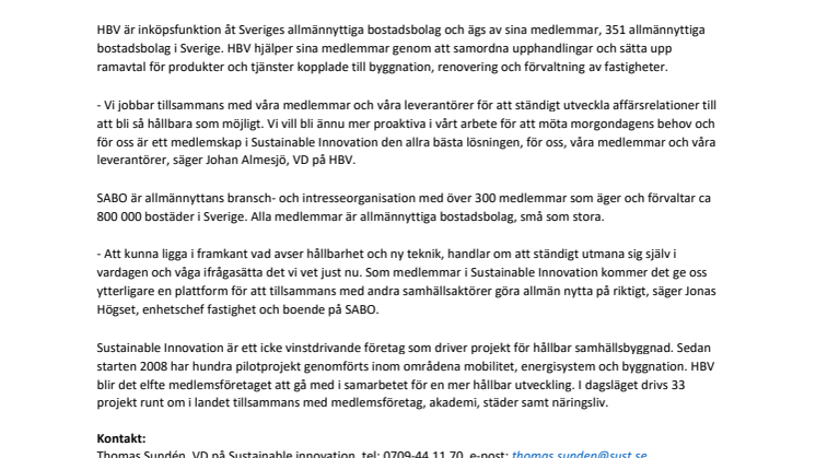 Sveriges Allmännyttiga Bostadsföretag SABO och HBV blir medlemmar i Sustainable Innovation