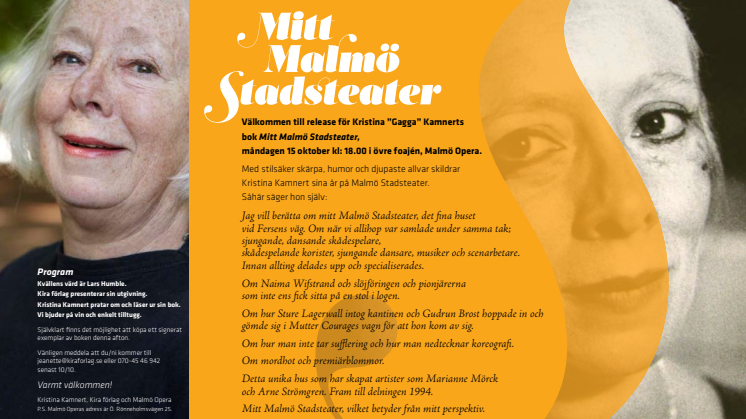 Boka in redan nu - release för Kristina Kamnerts nya bok "Mitt Malmö Stadsteater"