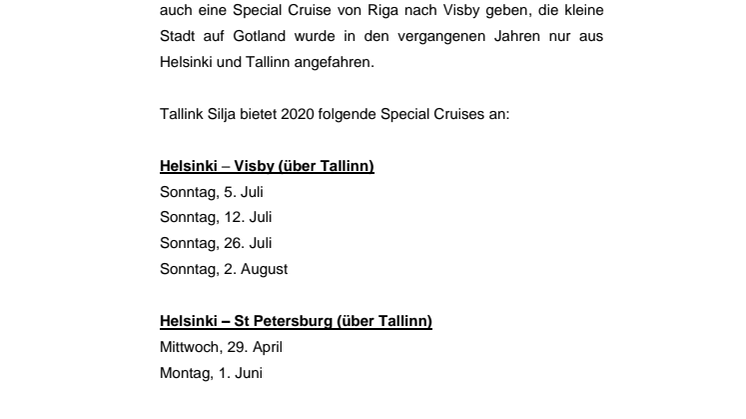 Special Cruises 2020 nach St Petersburg, Visby, Mariehamn und Riga 