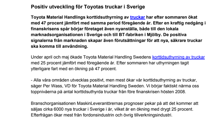 Positiv utveckling för Toyotas truckar i Sverige
