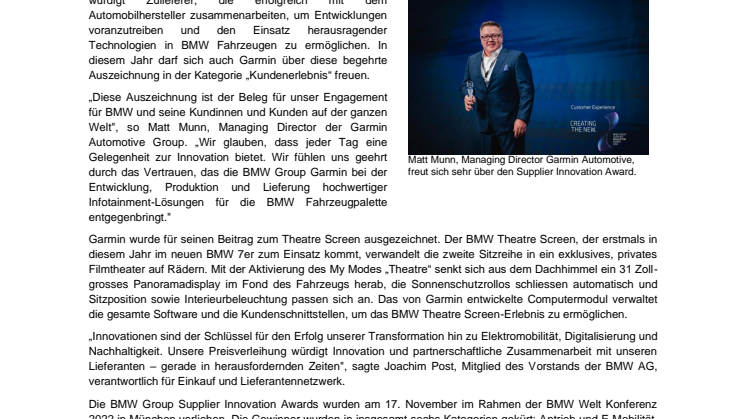 PM CH Garmin Garmin OEM erhält BMW Supplier Innovation Award
