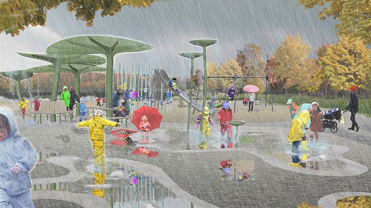 Missa inte invigningen av Göteborgs regnlekplats. Det blir tal, sång, lek och dans. Illustration: 02landskap