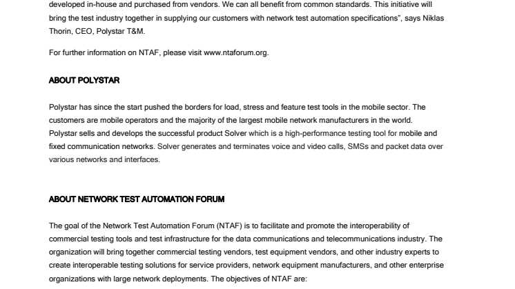 Polystar joins Network Test Automation Forum