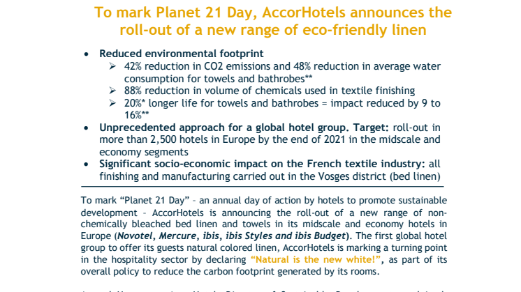AccorHotels firar ”Planet 21 Day 2018” med lansering av ekologiska sängkläder