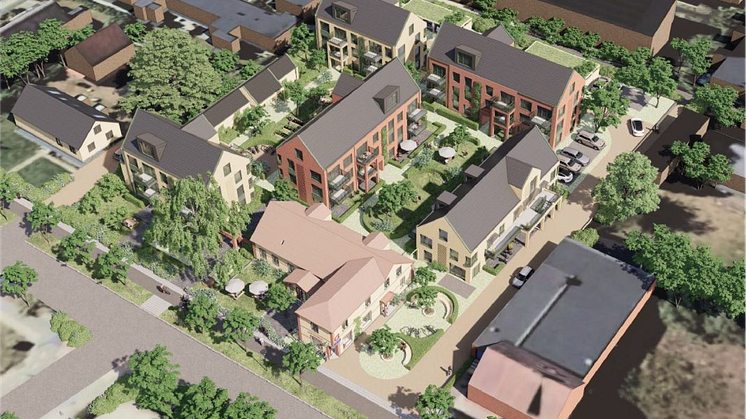 Volymstudie av aktuellt förslag på bebyggelse och placering, med Bygatan i bildens nederkant. Jaenecke Arkitekter på uppdrag av LKF.