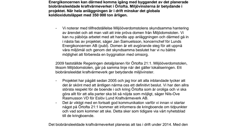 Miljööverdomstolen har gett klartecken till kraftvärmeverket i Örtofta