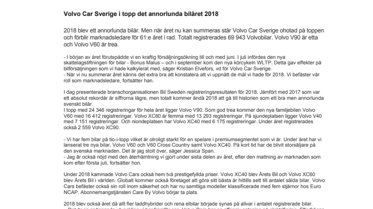 Volvo Car Sverige i topp det annorlunda bilåret 2018