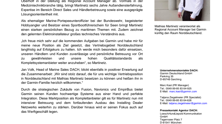Mathias Martinetz wird Regional Account Manager Nord bei Garmin Marine