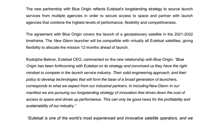 Eutelsat signs up for Blue Origin’s New Glenn launcher