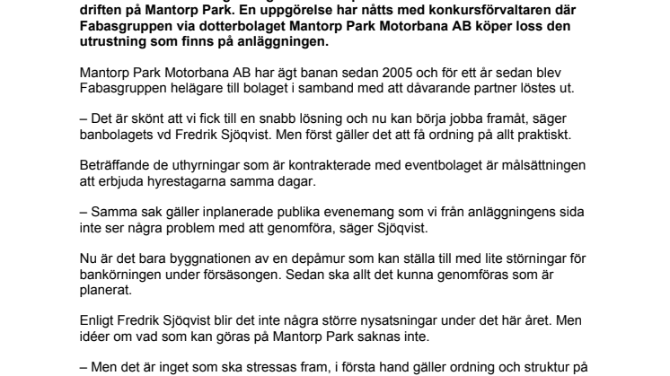 Fabas tar över även driften på Mantorp Park