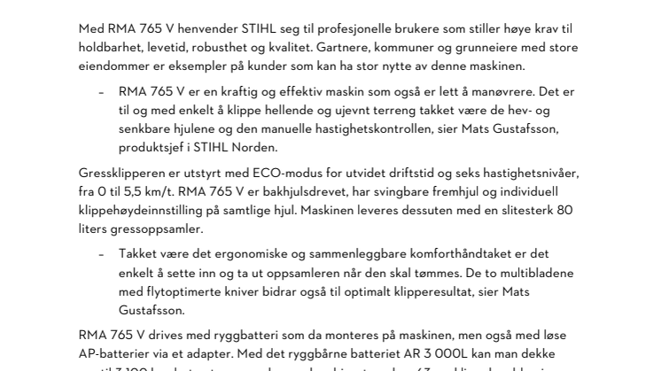 STIHL RMA 765 V – stille og kraftig gressklipper til store grøntområder