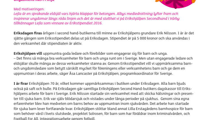 Lejla Bibezic tar emot Eriksstipendiet på Eriksdagen i Vårby