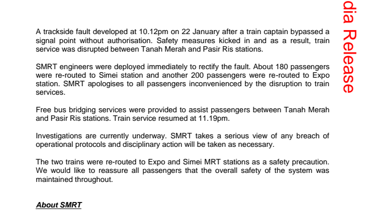 Tanah Merah Train Disruption on 22 January