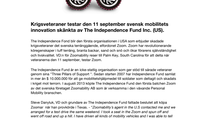 11 september testar krigsveteraner svensk mobilitets innovation skänkta av The Independence Fund Inc. (US)