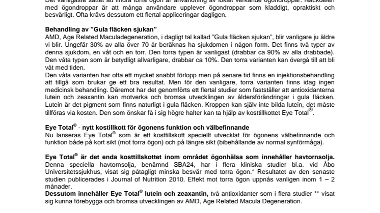 Nytt kosttillskott inom området ögonhälsa - Eye Total