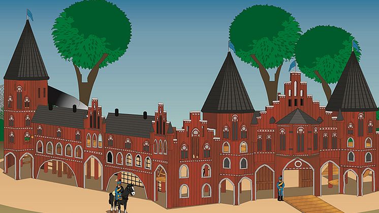 Lekplatsen får specialbyggda attraktioner som följer temat Kvibergs kaserners slottsliknande byggnad. Den ska locka till lek och aktivitet i åldrarna upp till 15 år. Illustration: Cado.