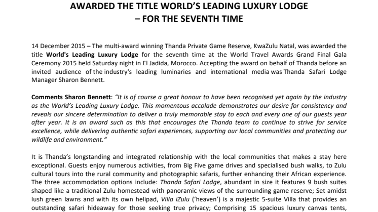 Thanda Private Game Reserve - Awarded the title World's Leading Luxury Lodge for the seventh time