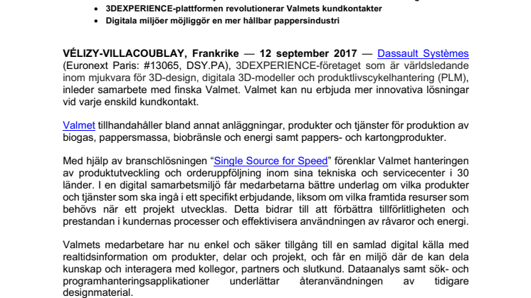 ​Valmet satsar digitalt med Dassault Systèmes för att förbättra sin tillverkning och försäljning av papper och pappersmassa