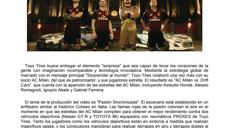 Toyo Tires hace lanzamiento de tercer video promocional con la aparición de los jugadores del AC Milan