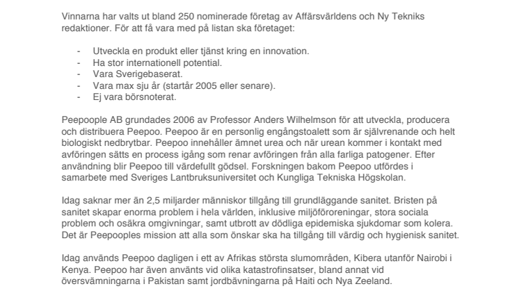 Peepoople är ett av Sveriges 33 hetaste unga teknikföretag 2012