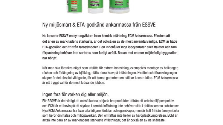Ny miljösmart & ETA-godkänd ankarmassa från ESSVE 