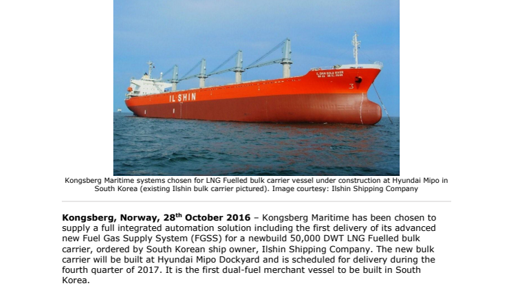 Kongsberg Maritime: KONGSBERG Integrated Automation Delivery for First Korean Built LNG Fuelled Bulk Carrier