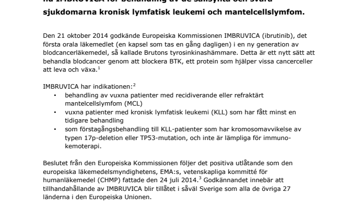 Europeiska Kommissionen godkänner IMBRUVICA® för två typer av blodcancer