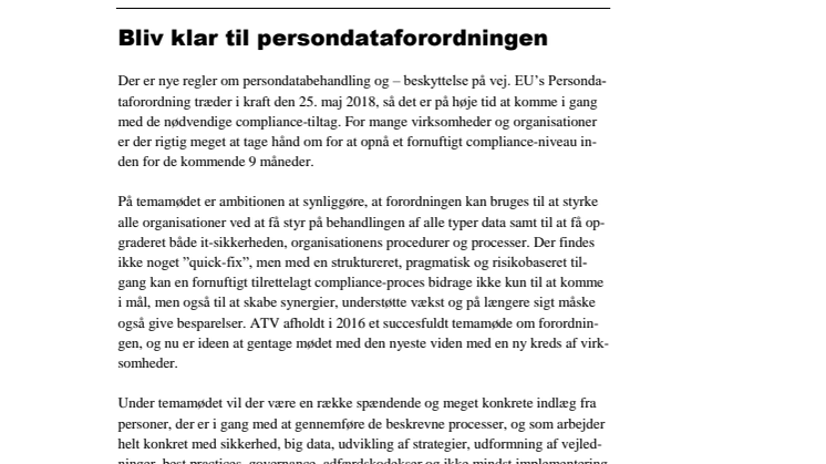 Bliv klar til persondataforordningen - program for seminar i Aarhus 21. november 2017