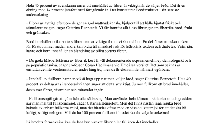 Innehållet av fibrer allt viktigare när vi svenskar väljer bröd