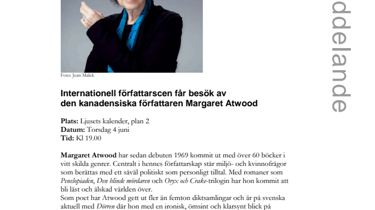 Internationell författarscen får besök av den kanadensiska författaren Margaret Atwood 