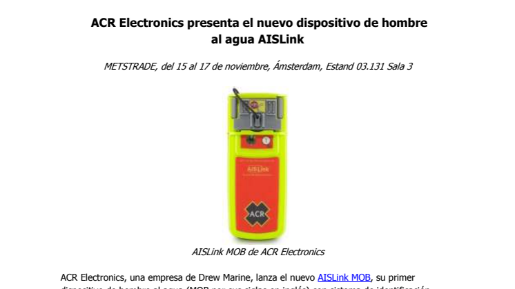 ACR Electronics presenta el nuevo dispositivo de hombre al agua AISLink