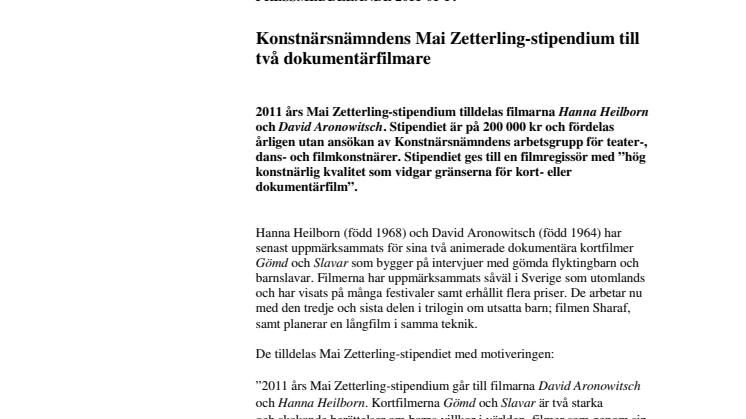 Konstnärsnämndens Mai Zetterling-stipendium till två dokumentärfilmare