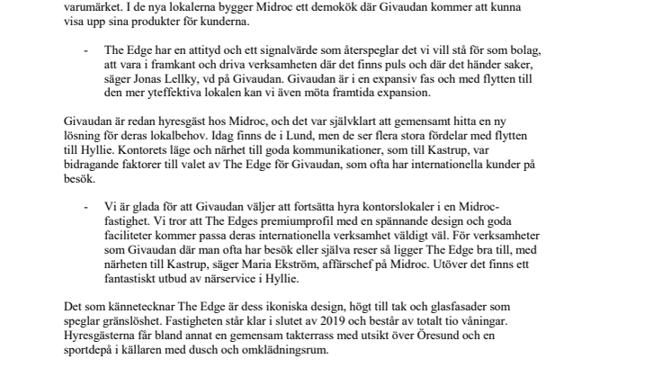 Givaudan flyttar till The Edge i Hyllie, Malmö 