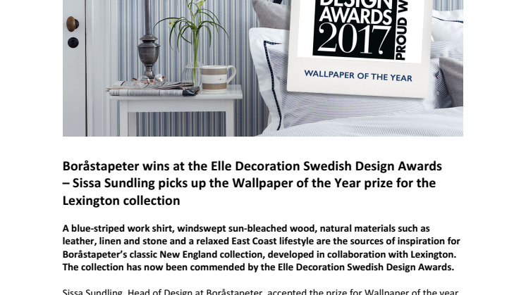  Boråstapeter wins at the Elle Decoration Swedish Design Awards – Sissa Sundling picks up the Wallpaper of the Year prize for the Lexington collection