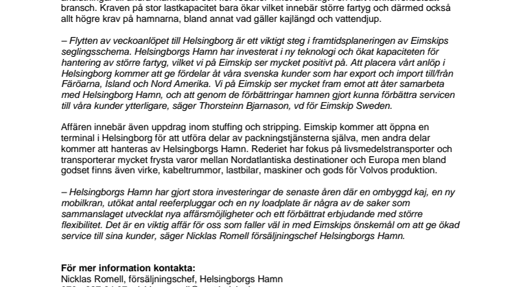 ​Eimskip till Helsingborgs Hamn