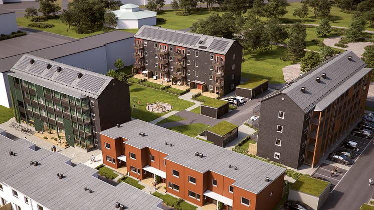 Illustration av det nya kvarteret BoKlok Astrakan på Drottninghög, Helsingborg. 