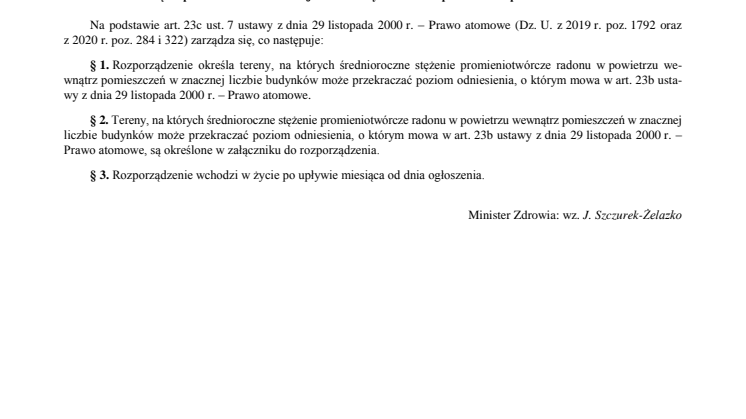 ROZPORZĄDZENIE MINISTRA ZDROWIA z dnia 18 czerwca 2020 r. w sprawie terenów, na których średnioroczne stężenie promieniotwórcze radonu w powietrzu  wewnątrz pomieszczeń w znacznej liczbie budynków może przekraczać poziom odniesienia