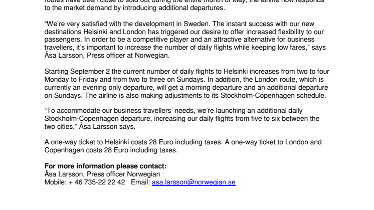 Norwegian continues its expansion in Sweden