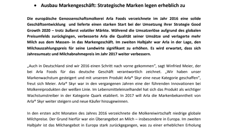 PM_Arla Foods Jahresergebnis 2016