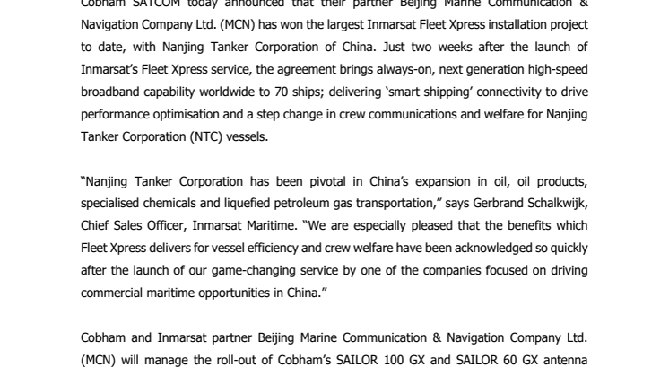 Cobham SATCOM: Cobham and Inmarsat Enable Smart Shipping for Nanjing Tankers Corporation
